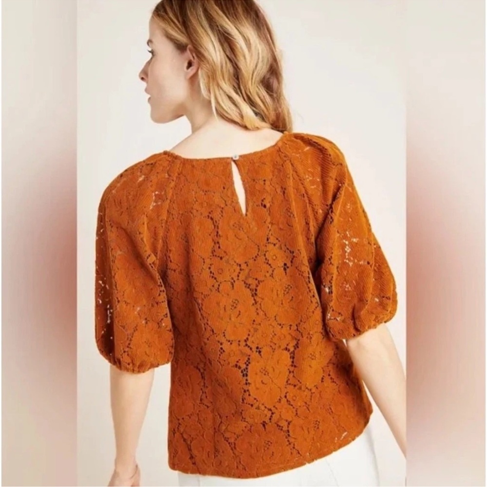 Anthropology Dolan corduroy Lace Puff-Sleeve Top in Rust Orange - Picture 3 of 10